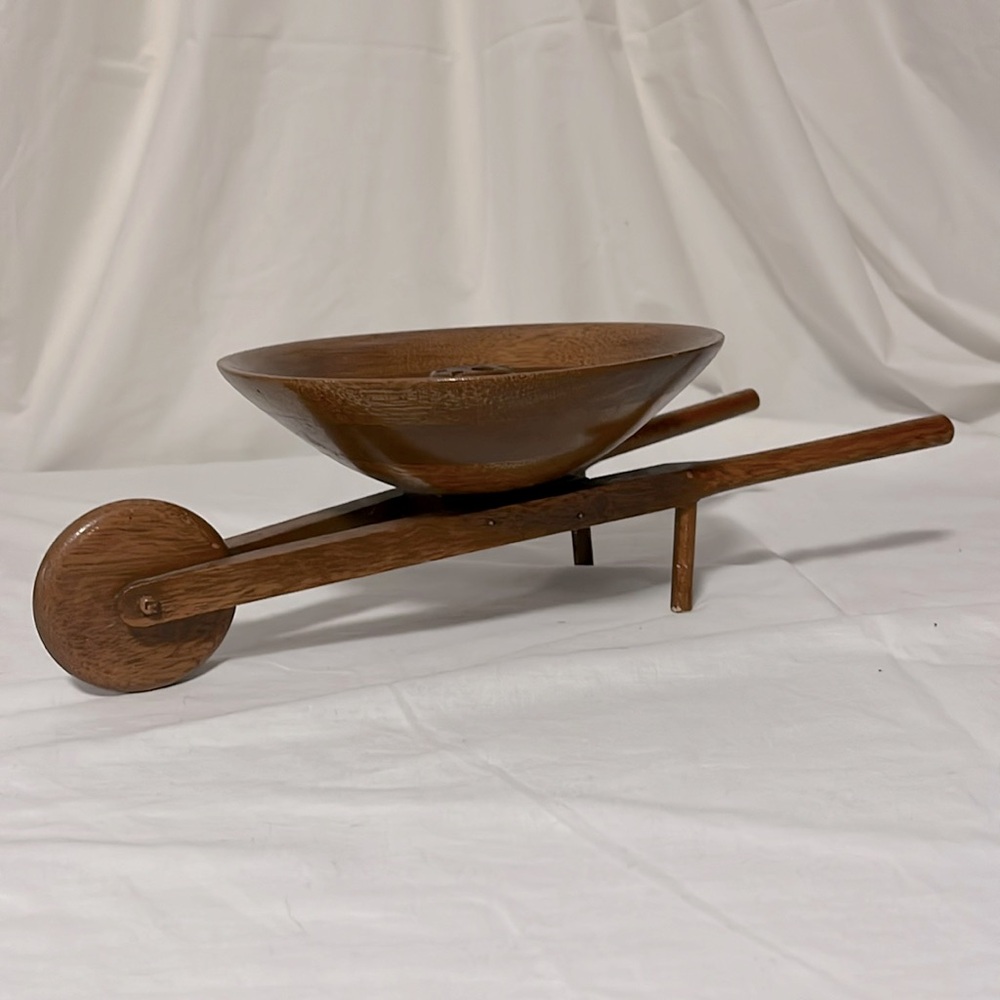 Vintage nut bowl, nutcracker, nut picks, wooden decor, wheelbarrow, MCM, unique